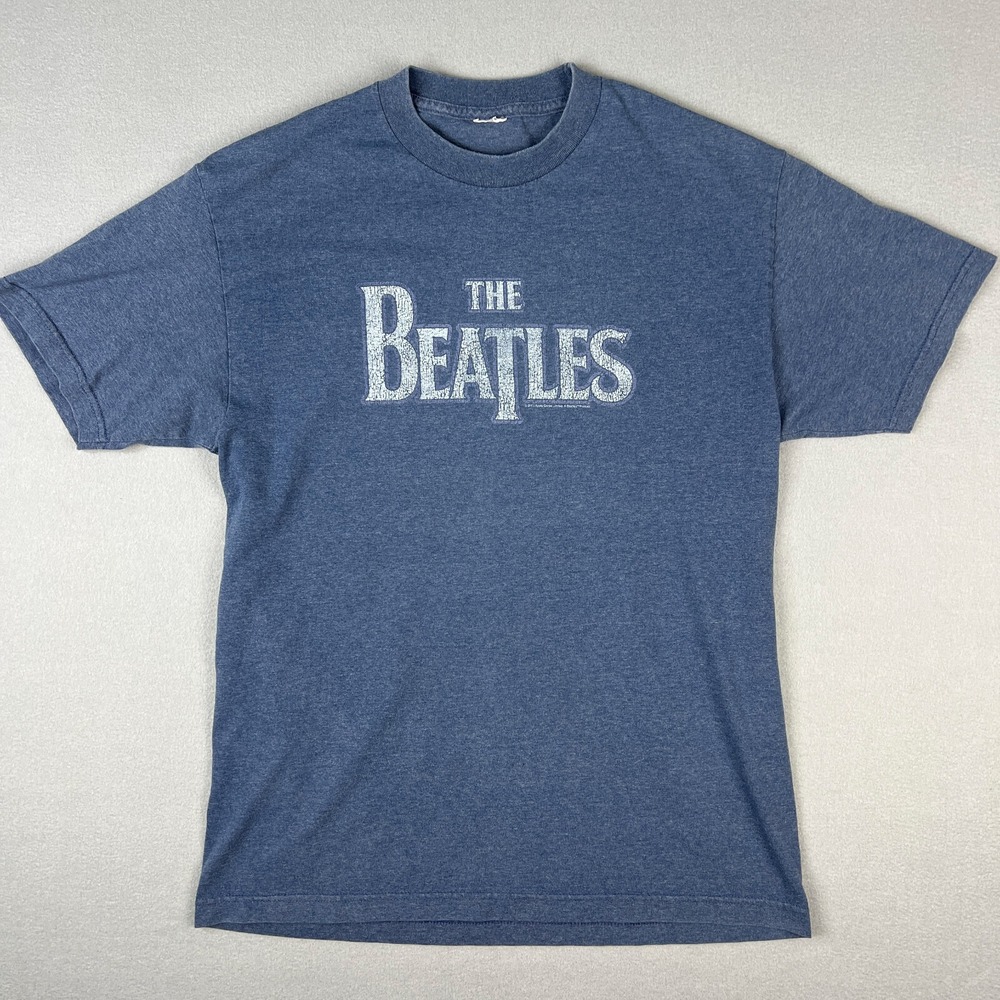 VTG The Beatles Band T Shirt Fits Medium 2003 Y2K Spellout Blue Distressed Music